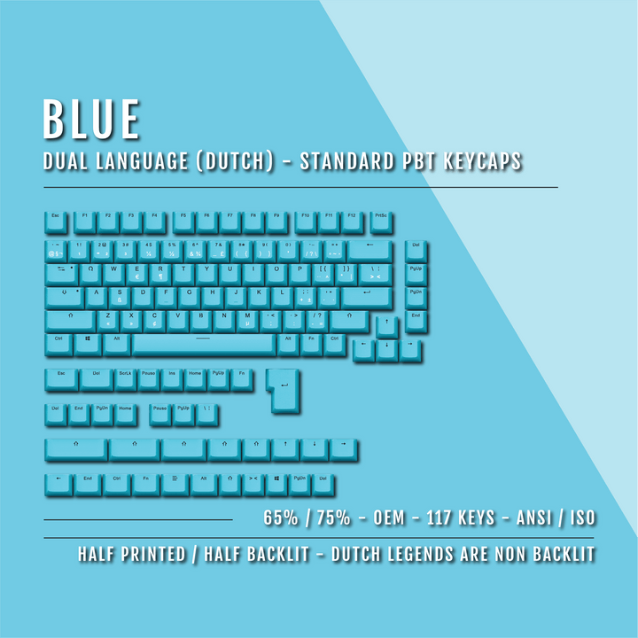 Blue PBT Dutch Keycaps - ISO-NL - 65/75% Sizes - Dual Language Keycaps - kromekeycaps