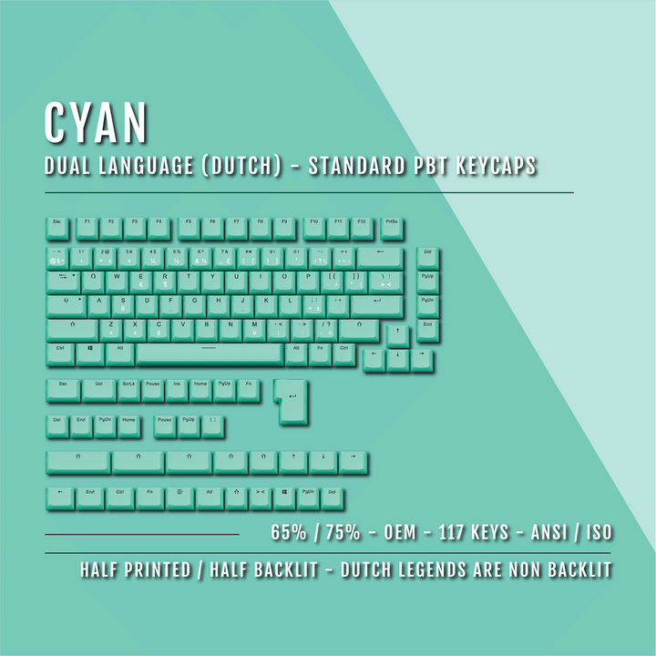 Cyan Dutch (ISO-NL) Dual Language PBT Keycaps - 65/75% Krome Keycaps LTD dutch