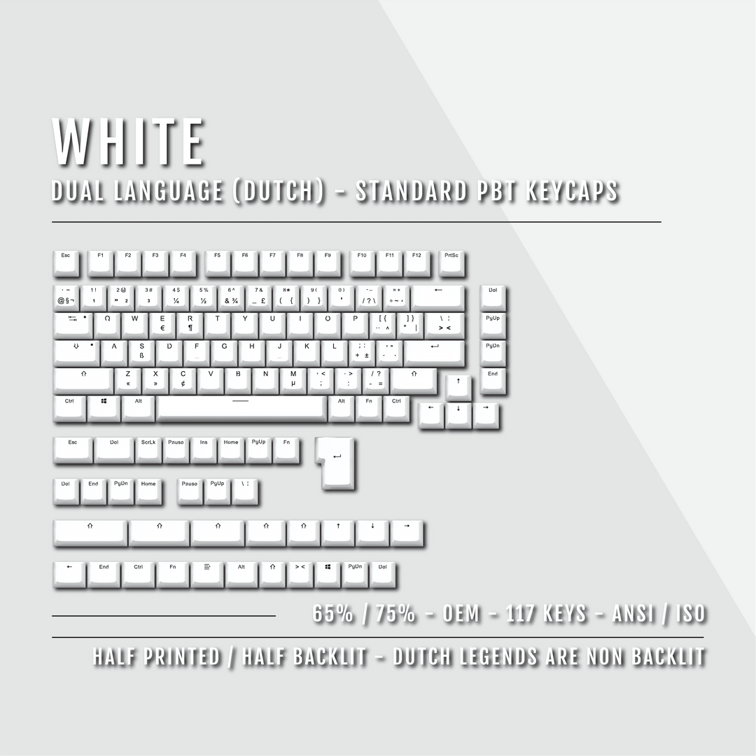 White PBT Dutch Keycaps - ISO-NL - 65/75% Sizes - Dual Language Keycaps - kromekeycaps