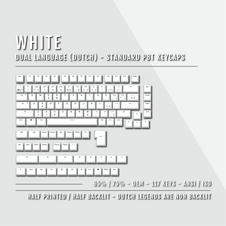 White Dutch (ISO-NL) Dual Language PBT Keycaps - 65/75% Krome Keycaps LTD dutch