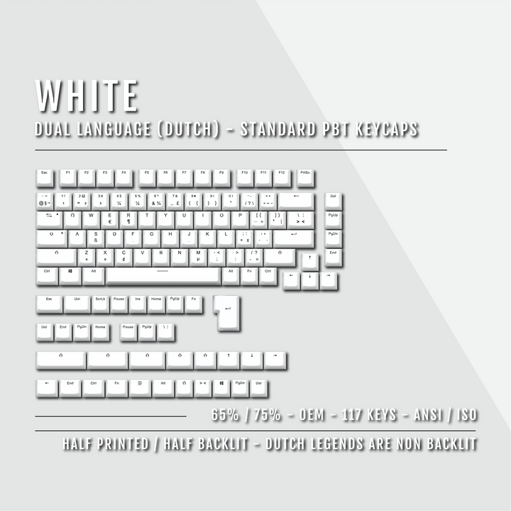 White PBT Dutch Keycaps - ISO-NL - 65/75% Sizes - Dual Language Keycaps - kromekeycaps