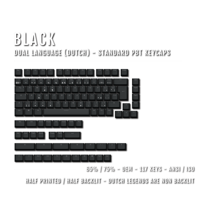 Black PBT Dutch Keycaps - ISO-NL - 65/75% Sizes - Dual Language Keycaps - kromekeycaps