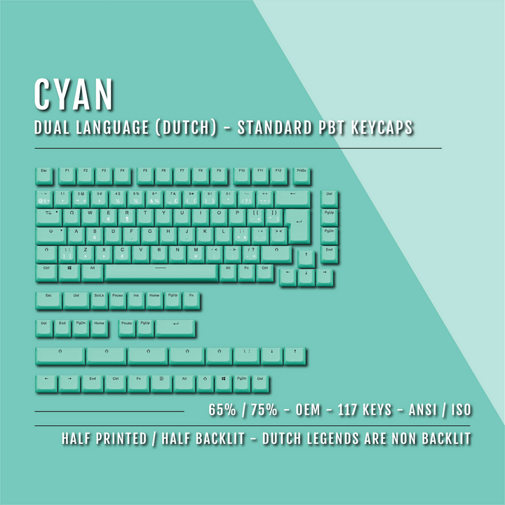 Cyan Dutch (ISO-NL) Dual Language PBT Keycaps - 65/75% Krome Keycaps LTD dutch