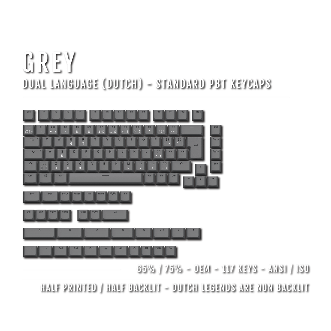 Grey PBT Dutch Keycaps - ISO-NL - 65/75% Sizes - Dual Language Keycaps - kromekeycaps