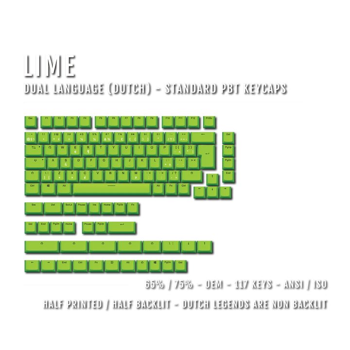 Lime PBT Dutch Keycaps - ISO-NL - 65/75% Sizes - Dual Language Keycaps - kromekeycaps