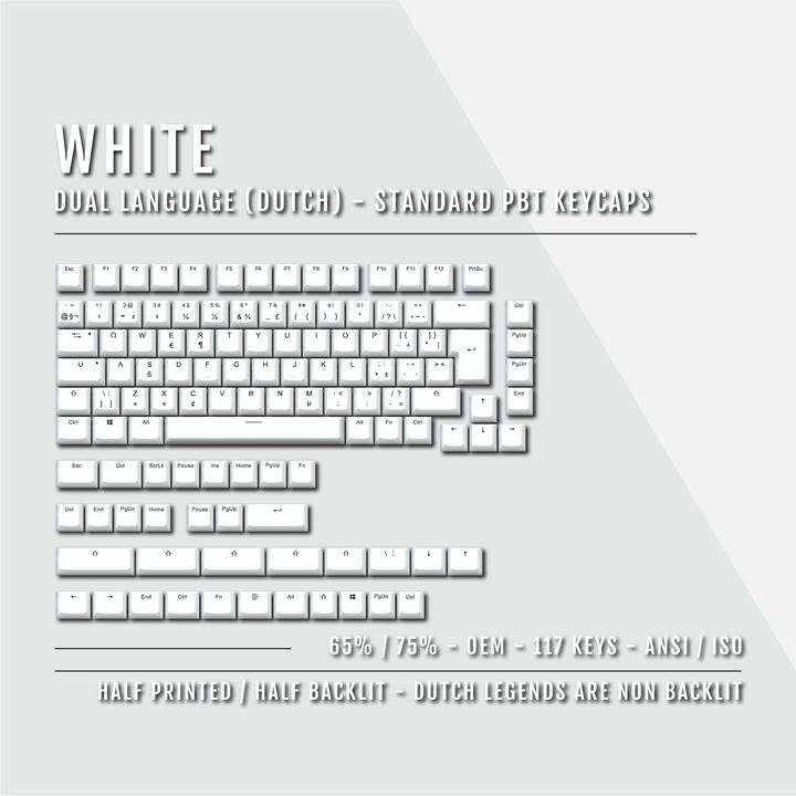White PBT Dutch Keycaps - ISO-NL - 65/75% Sizes - Dual Language Keycaps - kromekeycaps