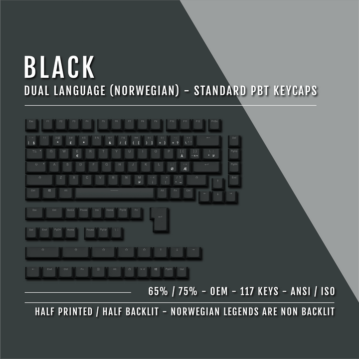 Black Norwegian (ISO-NO) Dual Language PBT Keycaps - 65/75% Krome Keycaps LTD norwegian