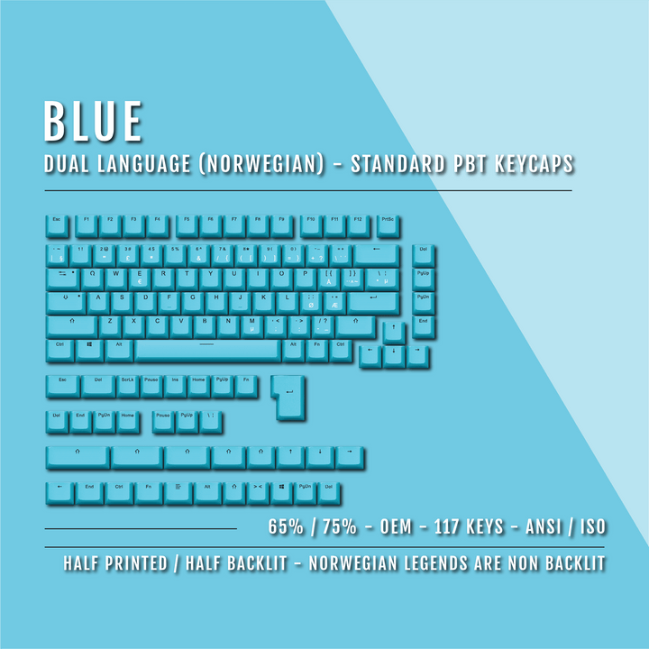 Blue Norwegian (ISO-NO) Dual Language PBT Keycaps - 65/75% Krome Keycaps LTD norwegian