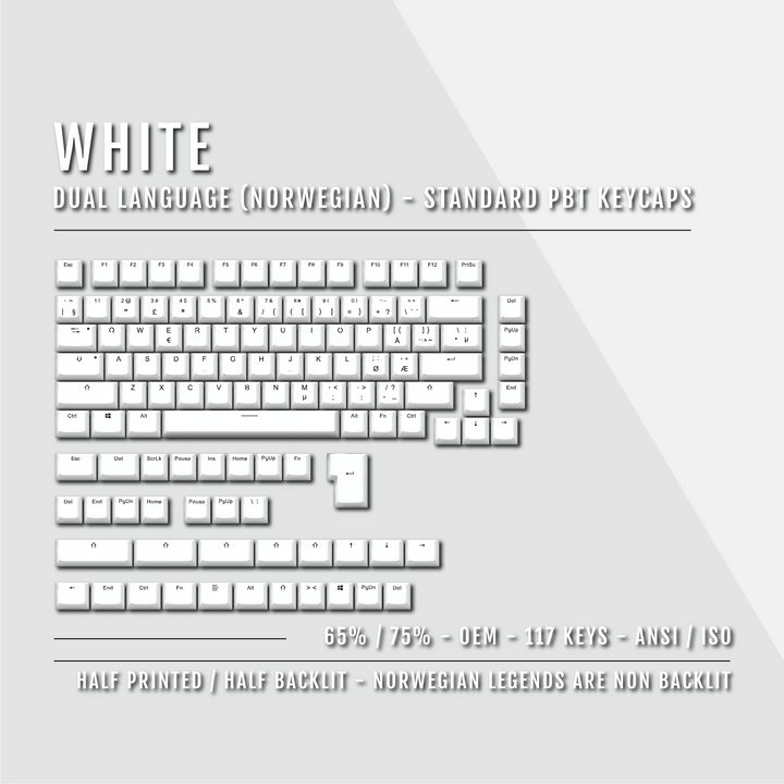 White Norwegian (ISO-NO) Dual Language PBT Keycaps - 65/75% Krome Keycaps LTD norwegian