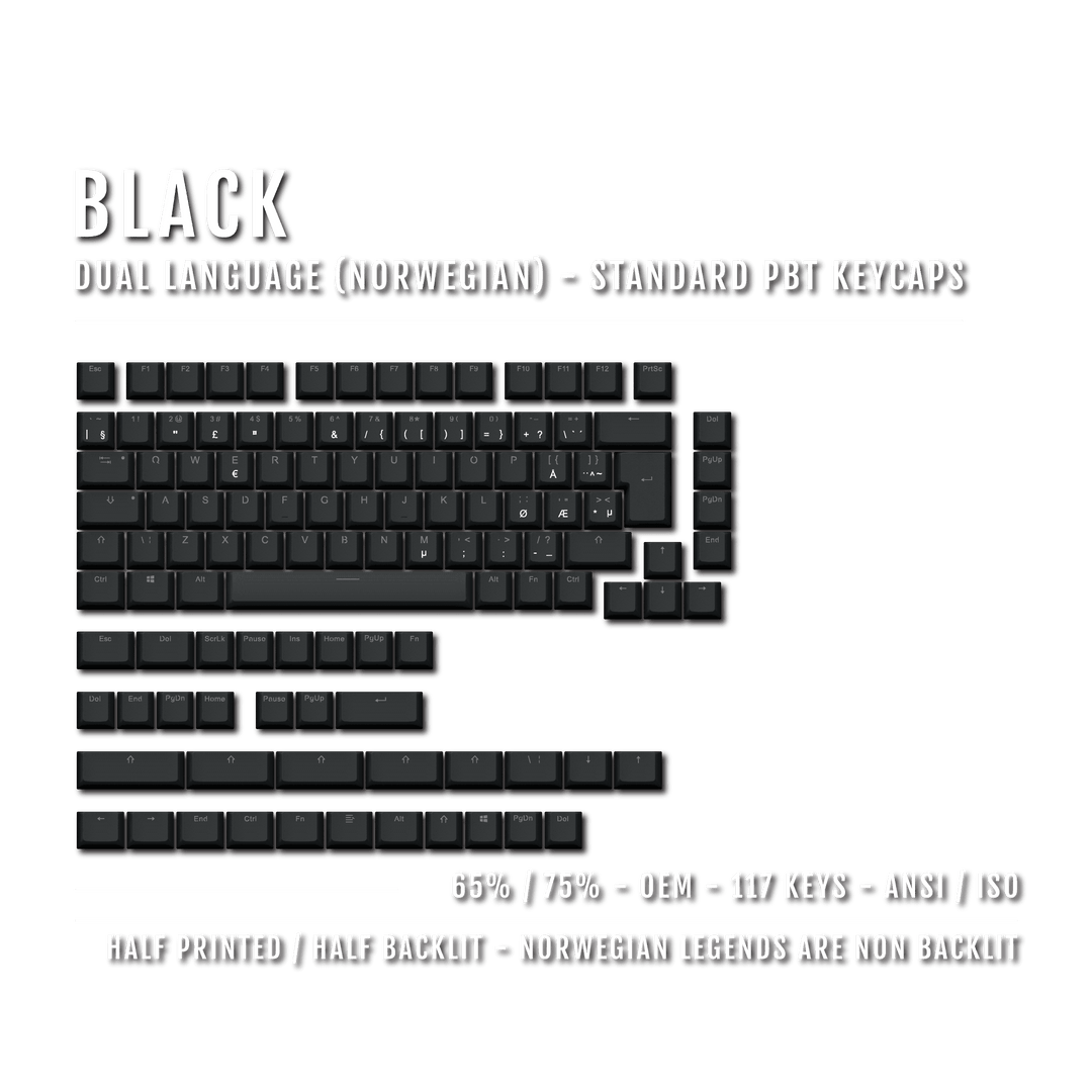 Black Norwegian (ISO-NO) Dual Language PBT Keycaps - 65/75% Krome Keycaps LTD norwegian