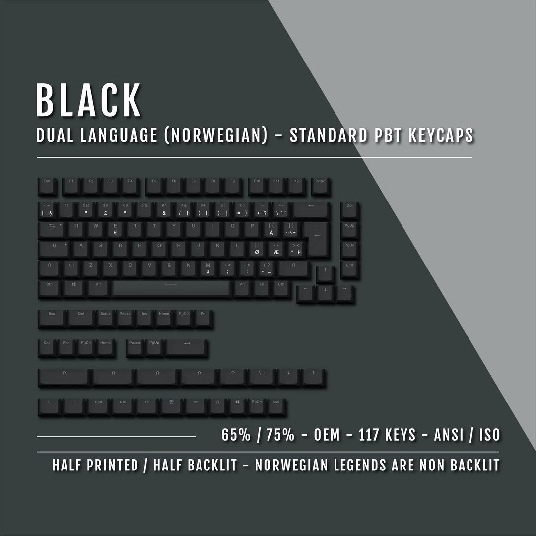 Black Norwegian (ISO-NO) Dual Language PBT Keycaps - 65/75% Krome Keycaps LTD norwegian