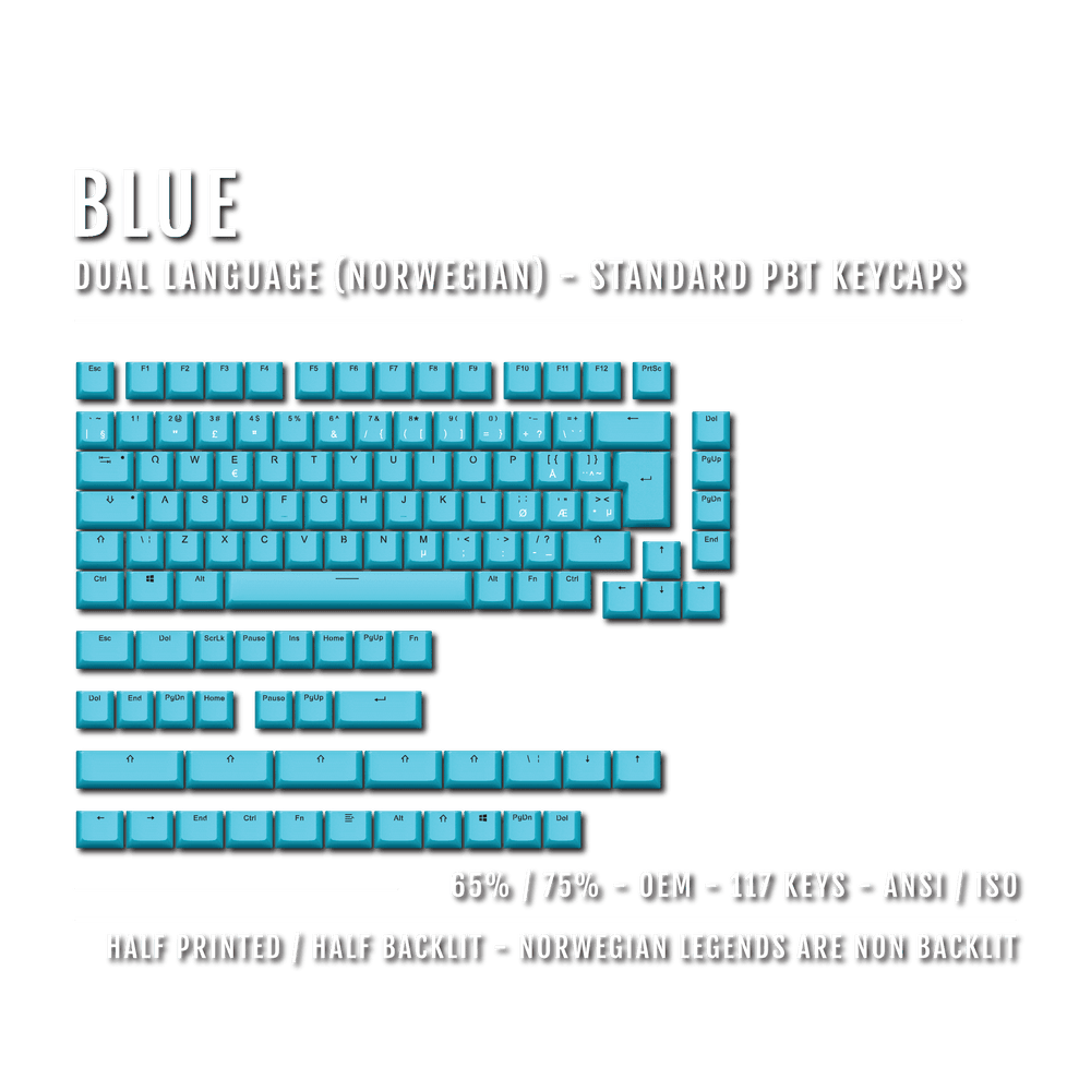 Blue PBT Norwegian Keycaps - ISO-NO - 65/75% Sizes - Dual Language Keycaps - kromekeycaps
