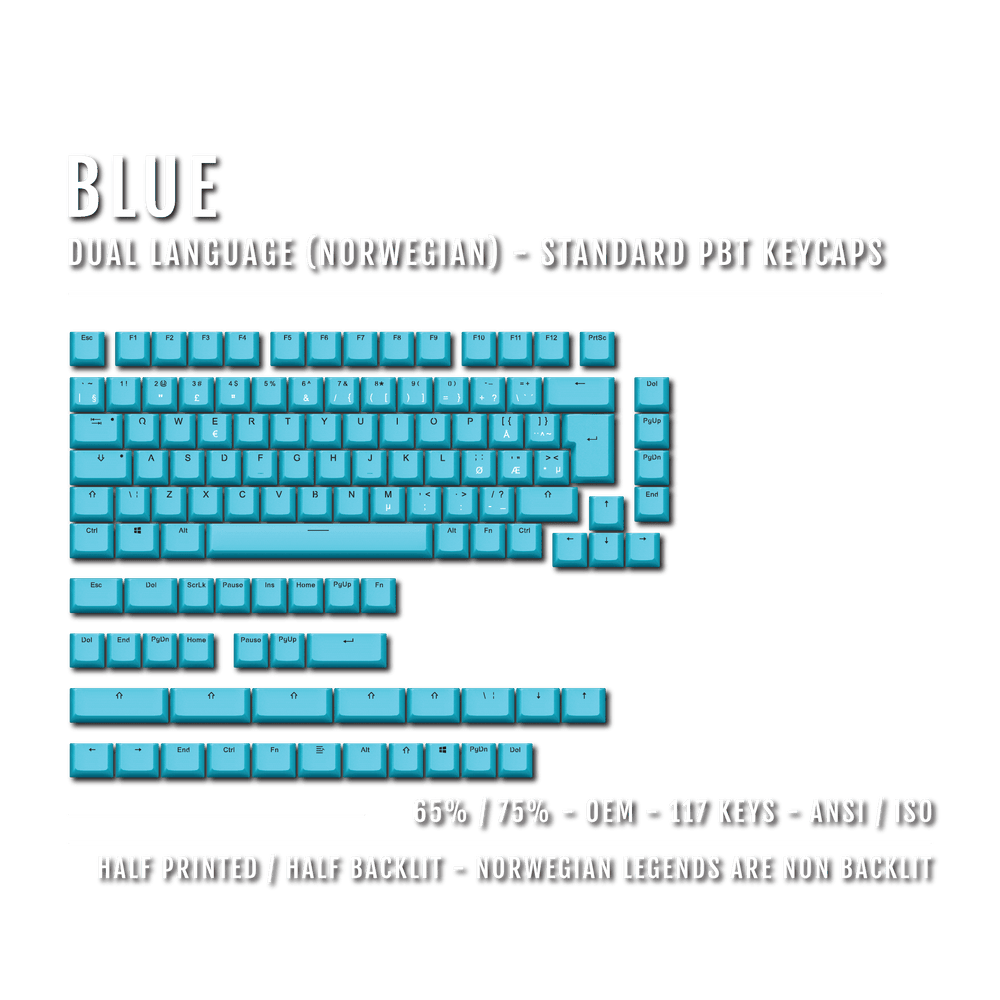 Blue Norwegian (ISO-NO) Dual Language PBT Keycaps - 65/75% Krome Keycaps LTD norwegian