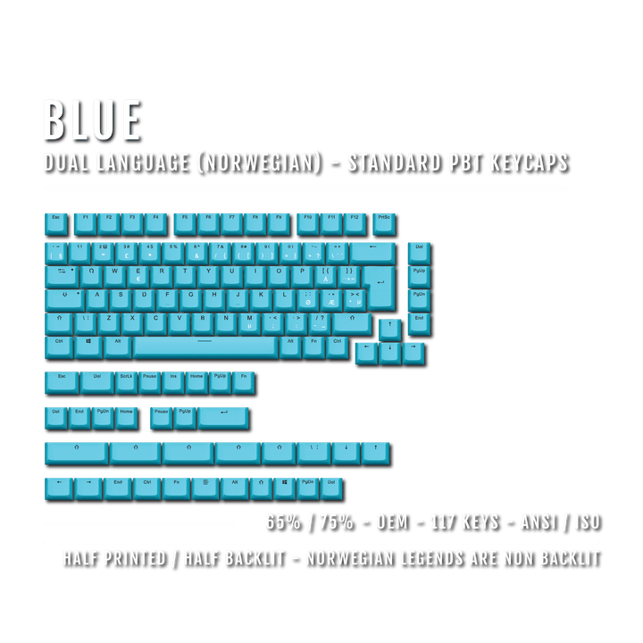 Blue Norwegian (ISO-NO) Dual Language PBT Keycaps - 65/75% Krome Keycaps LTD norwegian