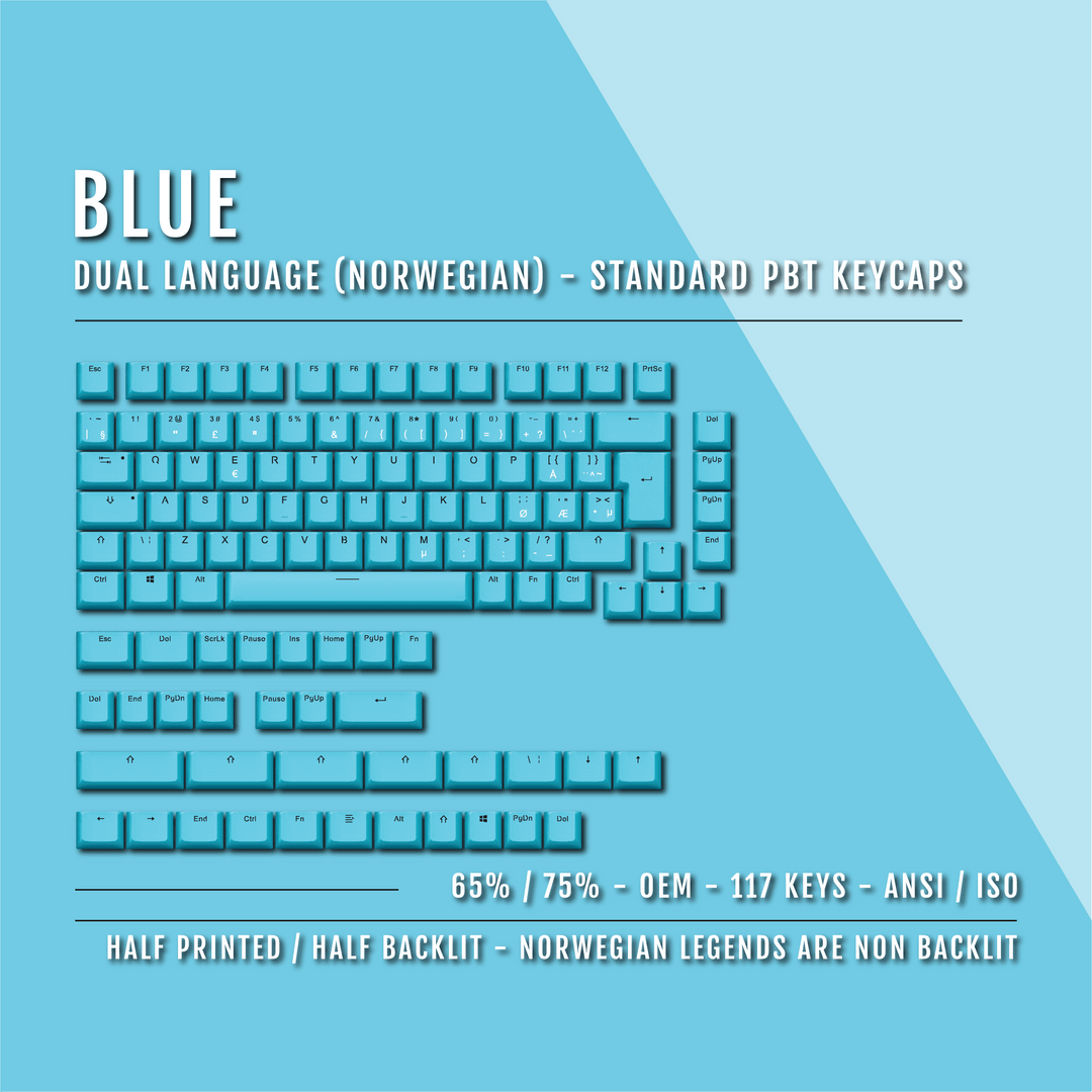 Blue PBT Norwegian Keycaps - ISO-NO - 65/75% Sizes - Dual Language Keycaps - kromekeycaps