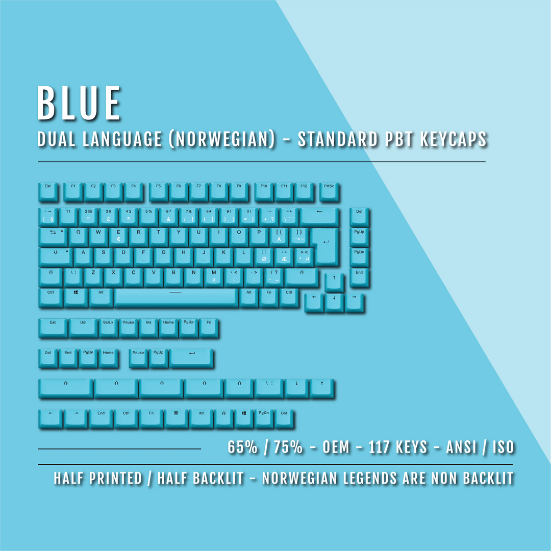 Blue Norwegian (ISO-NO) Dual Language PBT Keycaps - 65/75% Krome Keycaps LTD norwegian