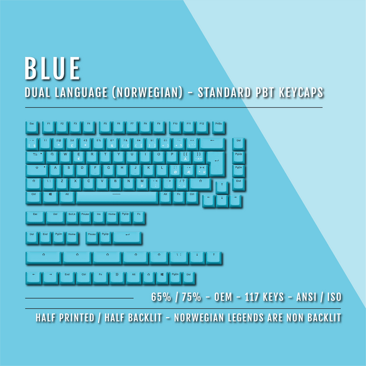 Blue Norwegian (ISO-NO) Dual Language PBT Keycaps - 65/75% Krome Keycaps LTD norwegian