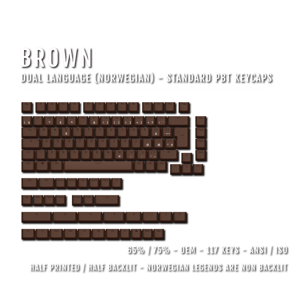 Brown Norwegian (ISO-NO) Dual Language PBT Keycaps - 65/75% Krome Keycaps LTD norwegian
