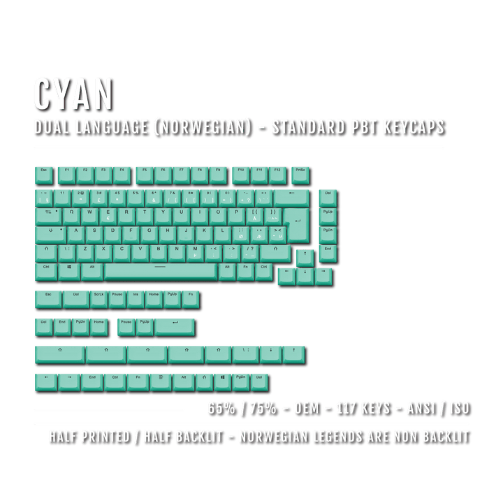 Cyan Norwegian (ISO-NO) Dual Language PBT Keycaps - 65/75% Krome Keycaps LTD norwegian