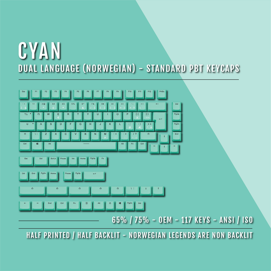 Cyan Norwegian (ISO-NO) Dual Language PBT Keycaps - 65/75% Krome Keycaps LTD norwegian