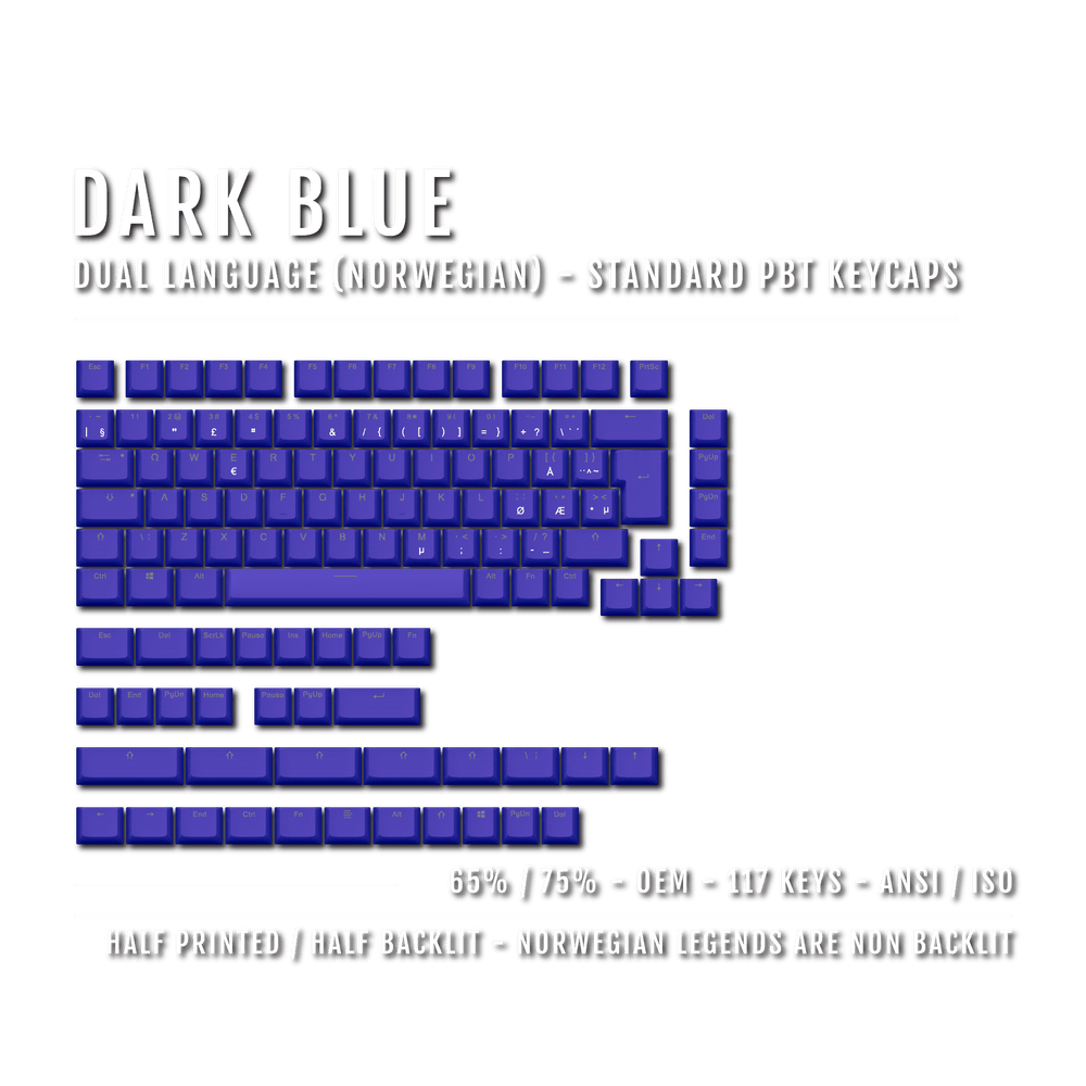 Dark Blue PBT Norwegian Keycaps - ISO-NO - 65/75% Sizes - Dual Language Keycaps - kromekeycaps