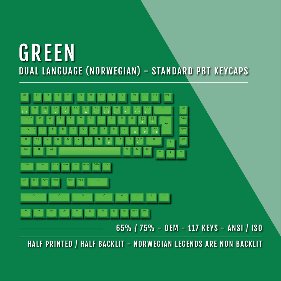 Green PBT Norwegian Keycaps - ISO-NO - 65/75% Sizes - Dual Language Keycaps - kromekeycaps