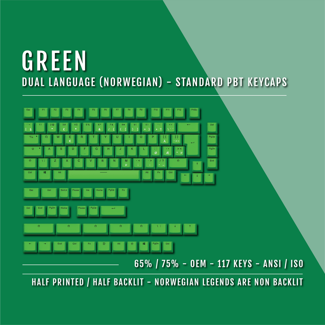 Green Norwegian (ISO-NO) Dual Language PBT Keycaps - 65/75% Krome Keycaps LTD norwegian