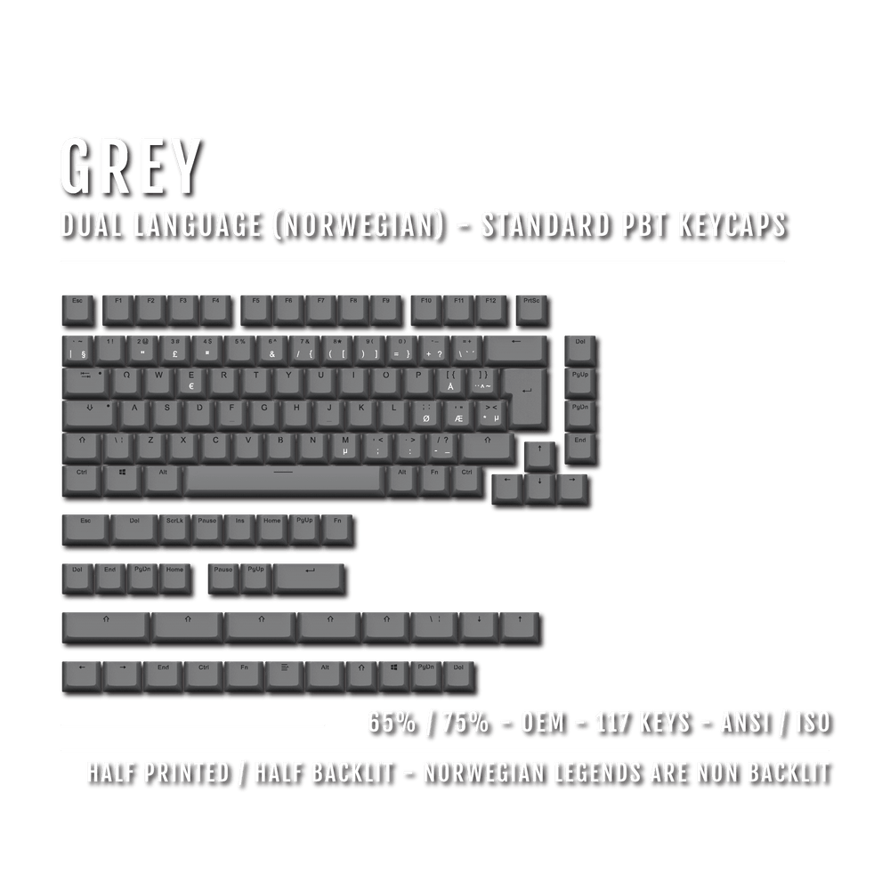 Grey PBT Norwegian Keycaps - ISO-NO - 65/75% Sizes - Dual Language Keycaps - kromekeycaps