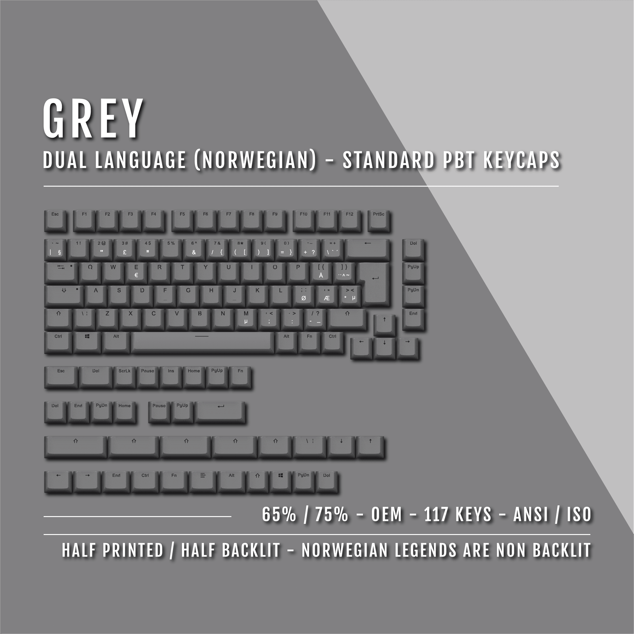 Grey Norwegian (ISO-NO) Dual Language PBT Keycaps - 65/75% – Krome ...