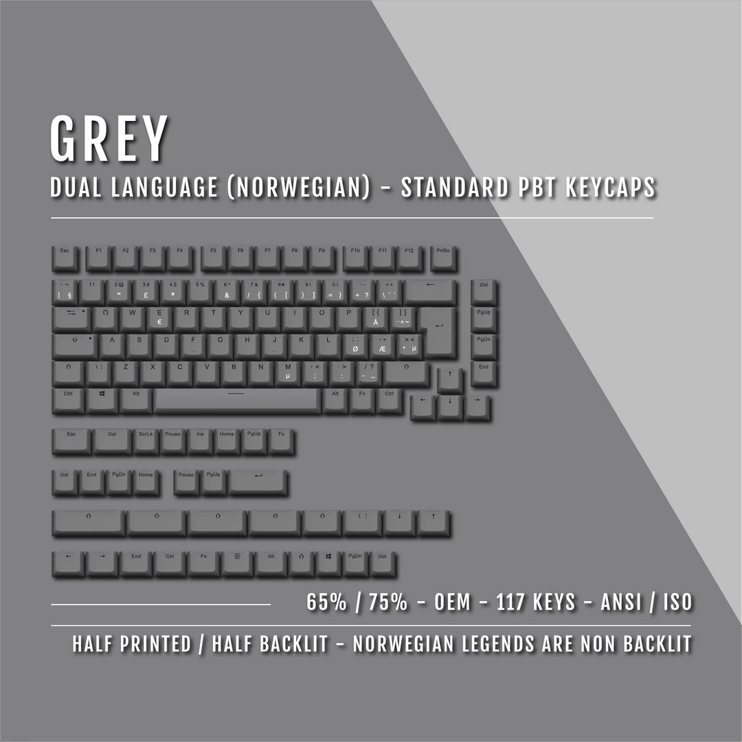 Grey PBT Norwegian Keycaps - ISO-NO - 65/75% Sizes - Dual Language Keycaps - kromekeycaps