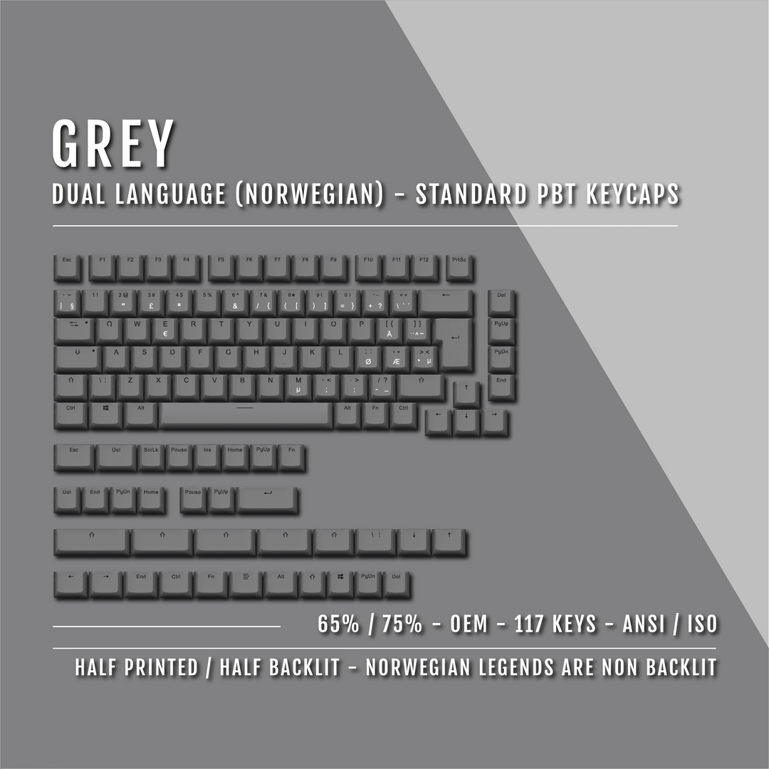 Grey Norwegian (ISO-NO) Dual Language PBT Keycaps - 65/75% Krome Keycaps LTD norwegian