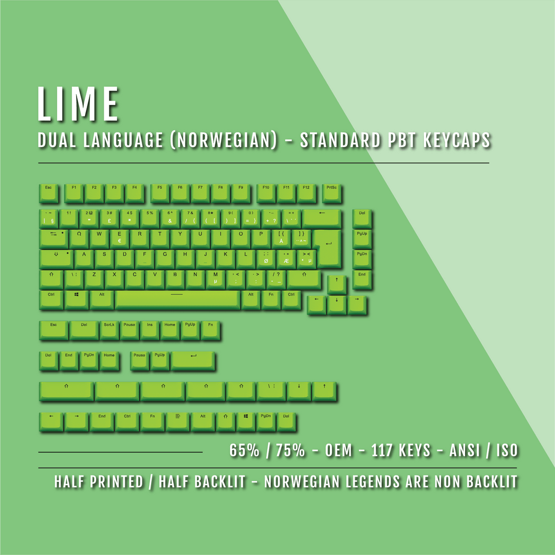 Lime Norwegian (ISO-NO) Dual Language PBT Keycaps - 65/75% Krome Keycaps LTD norwegian