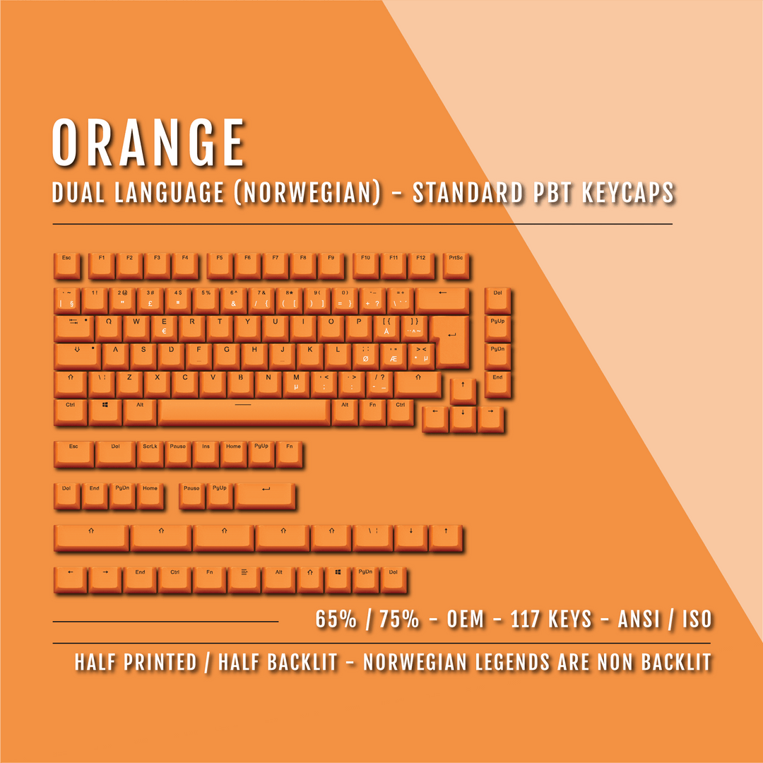 Orange PBT Norwegian Keycaps - ISO-NO - 65/75% Sizes - Dual Language Keycaps - kromekeycaps