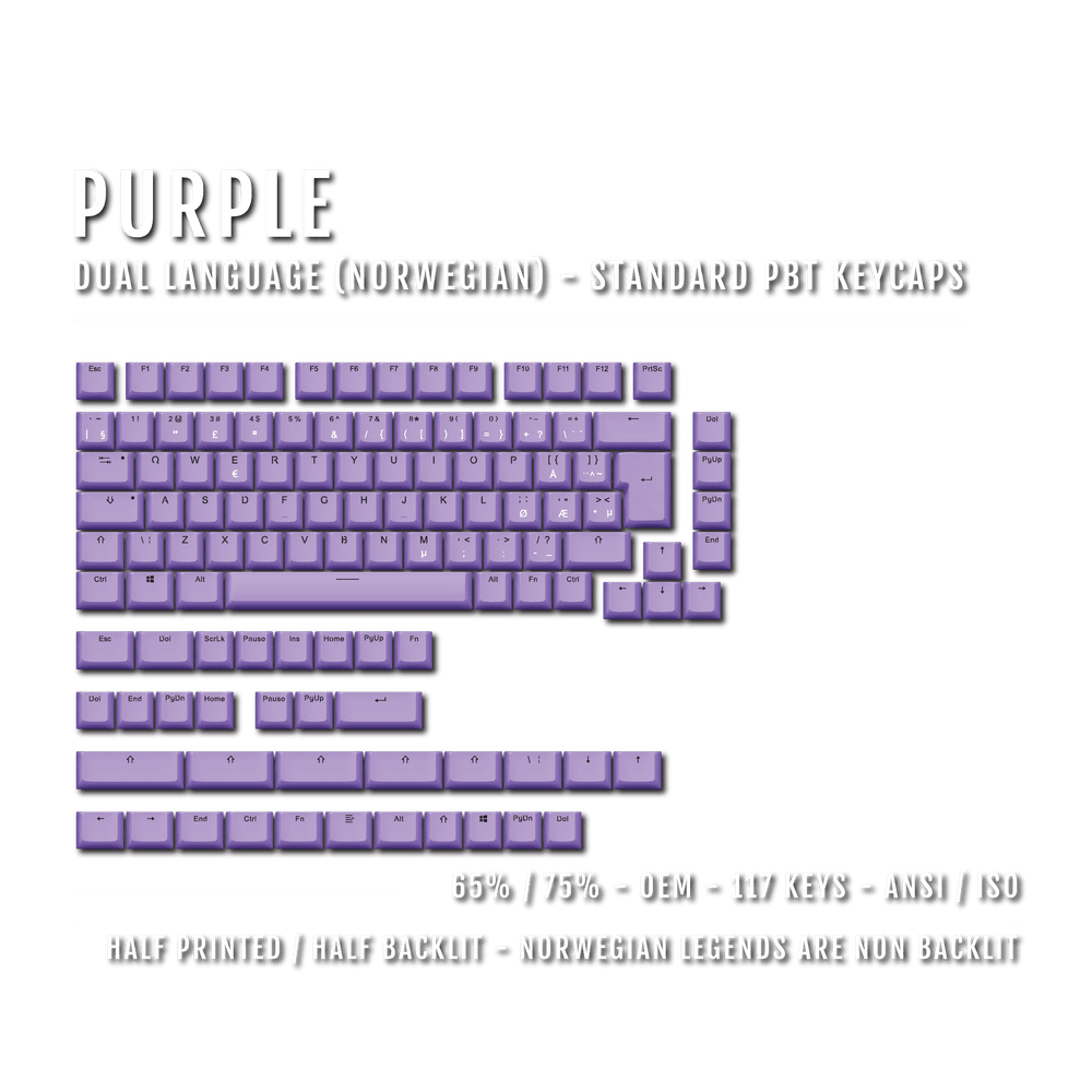 Purple Norwegian Keycaps - ISO-NO - 65/75% Sizes - Dual Language Keycaps - kromekeycaps