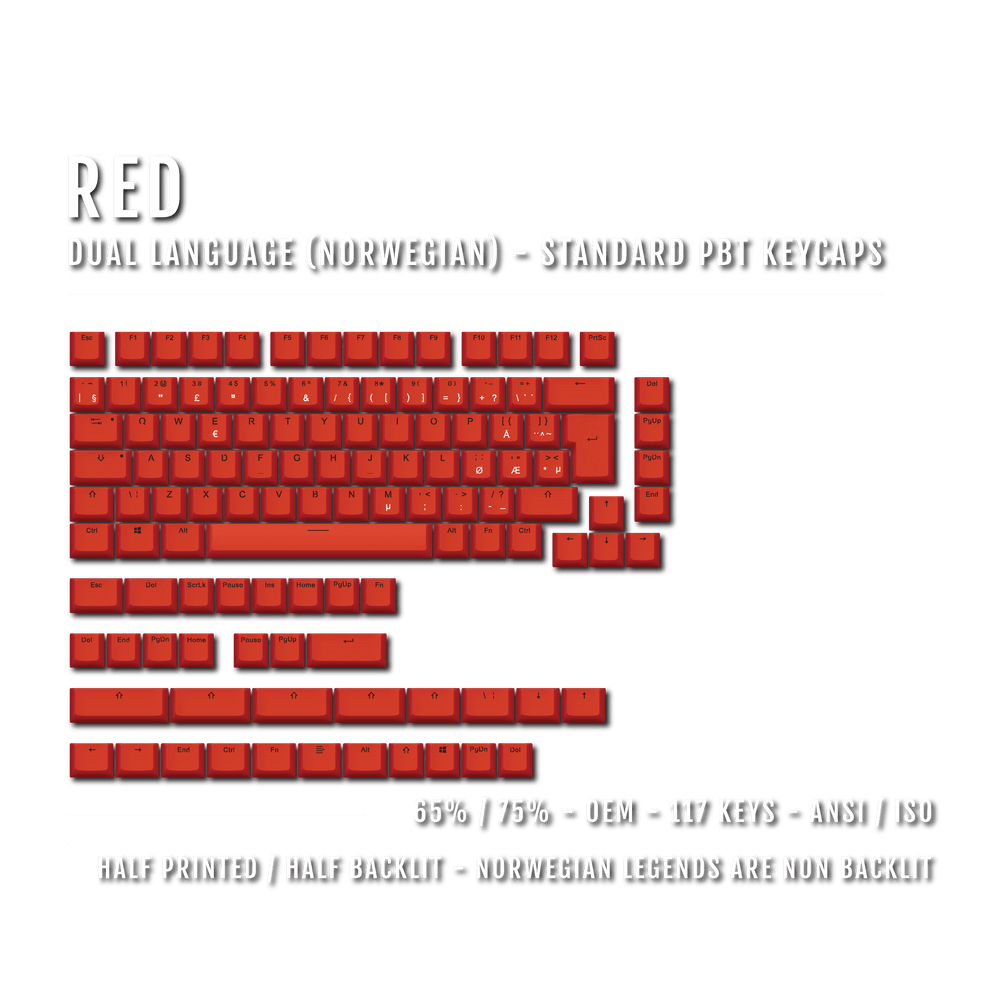 Red Norwegian Keycaps - ISO-NO - 65/75% Sizes - Dual Language Keycaps - kromekeycaps