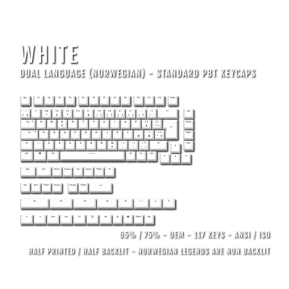 White Norwegian Keycaps - ISO-NO - 65/75% Sizes - Dual Language Keycaps - kromekeycaps