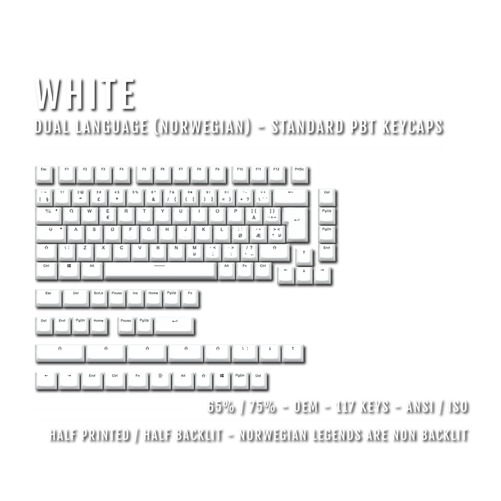 White Norwegian (ISO-NO) Dual Language PBT Keycaps - 65/75% Krome Keycaps LTD norwegian
