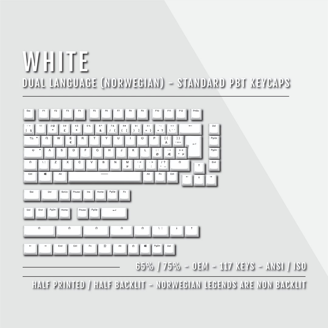 White Norwegian Keycaps - ISO-NO - 65/75% Sizes - Dual Language Keycaps - kromekeycaps