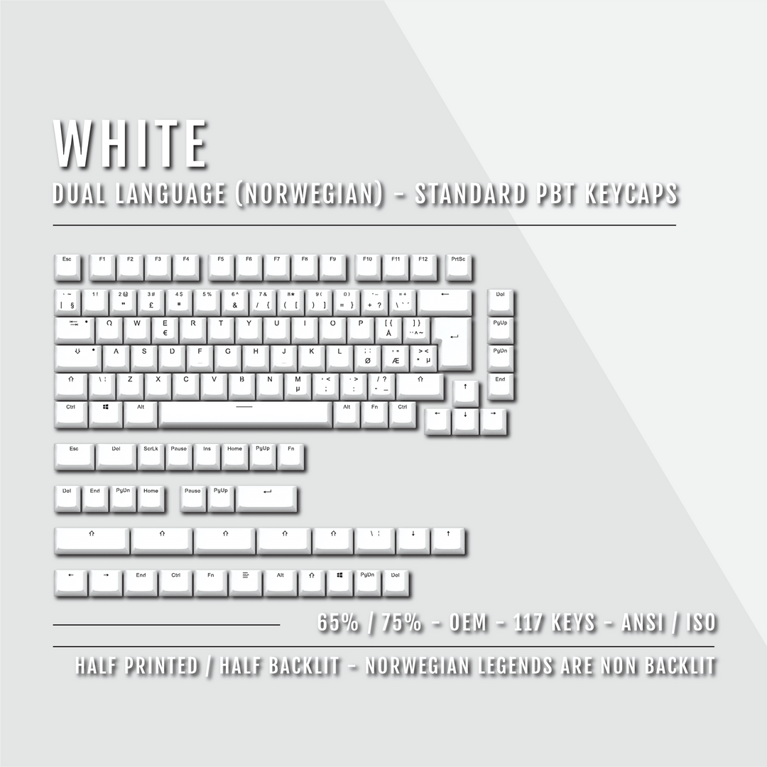 White Norwegian (ISO-NO) Dual Language PBT Keycaps - 65/75% Krome Keycaps LTD norwegian