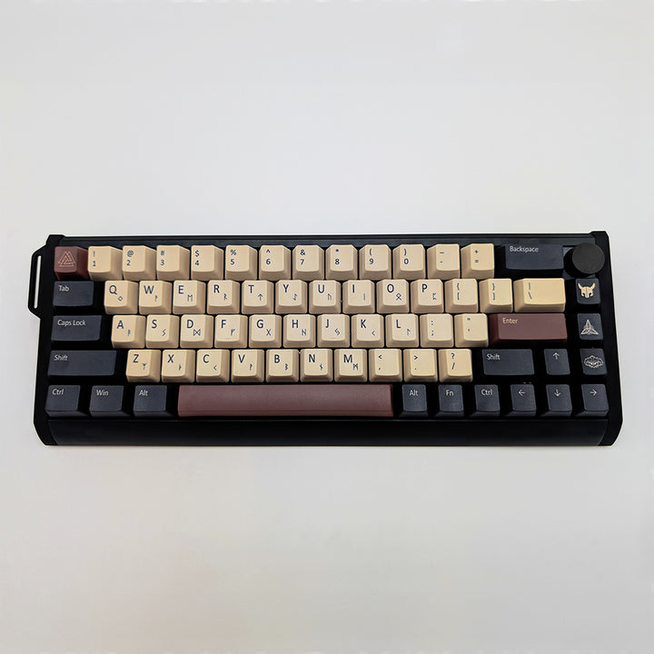 NORDIC QWERTY PBT keycaps on a mechanical keyboard, featuring OEM profile keys with Off-White/Beige, Charcoal Grey and Brown Keycaps