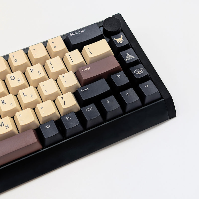NORDIC QWERTY PBT keycaps on a mechanical keyboard, featuring OEM profile keys with Off-White/Beige, Charcoal Grey and Brown Keycaps