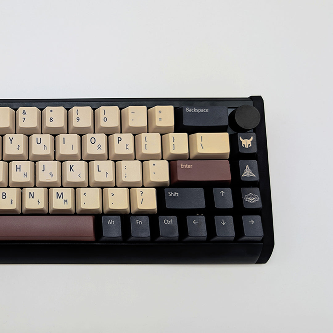 NORDIC QWERTY PBT keycaps on a mechanical keyboard, featuring OEM profile keys with Off-White/Beige, Charcoal Grey and Brown Keycaps