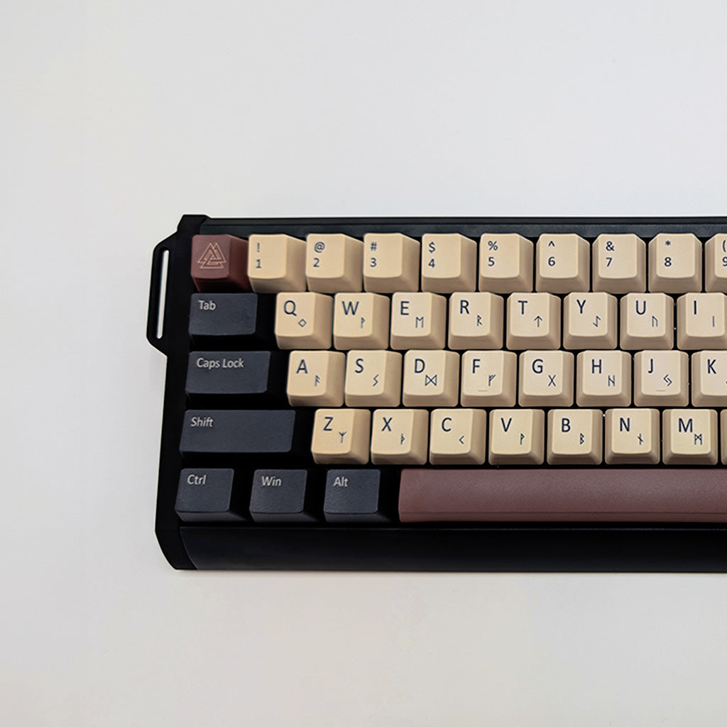 NORDIC QWERTY PBT keycaps on a mechanical keyboard, featuring OEM profile keys with Off-White/Beige, Charcoal Grey and Brown Keycaps