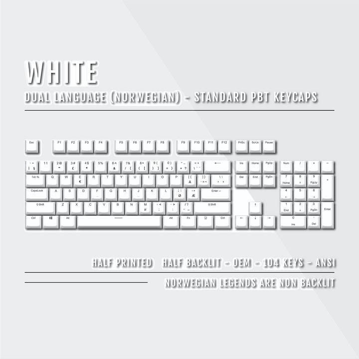 White PBT Norwegian Keycaps - ISO-NO - 100% Size - Dual Language Keycaps - kromekeycaps