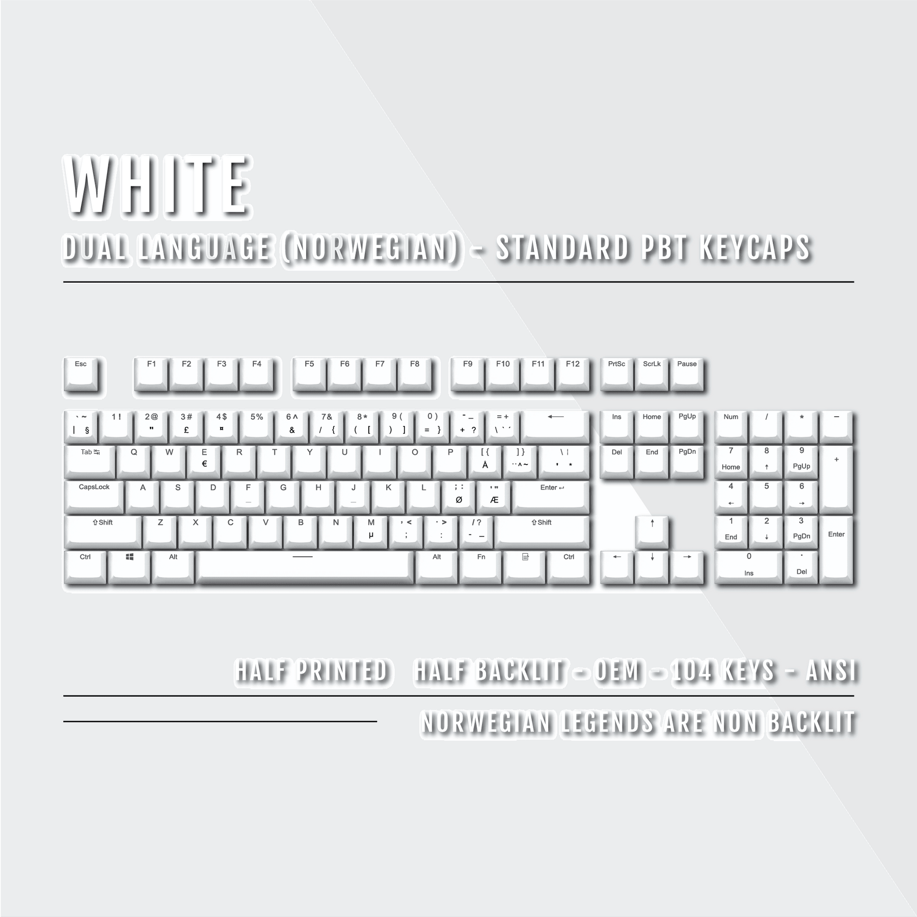 White PBT Norwegian Keycaps - ISO-NO - 100% Size - Dual Language Keyca ...