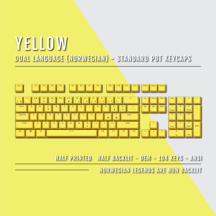 Yellow PBT Norwegian Keycaps - ISO-NO - 100% Size - Dual Language Keycaps - kromekeycaps