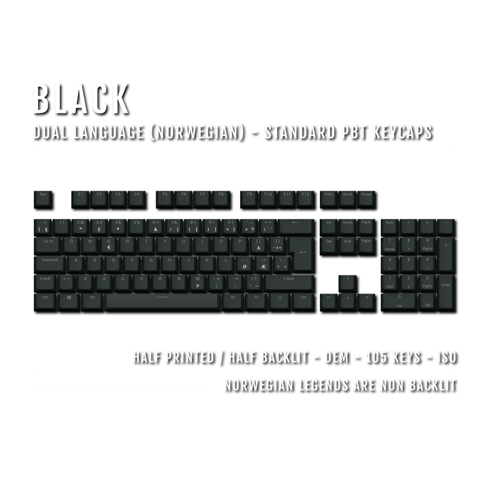 Black PBT Norwegian Keycaps - ISO-NO - 100% Size - Dual Language Keycaps - kromekeycaps