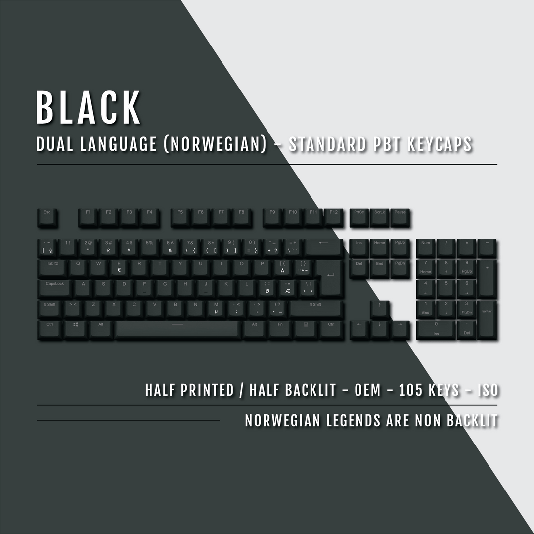 Black PBT Norwegian Keycaps - ISO-NO - 100% Size - Dual Language Keycaps - kromekeycaps