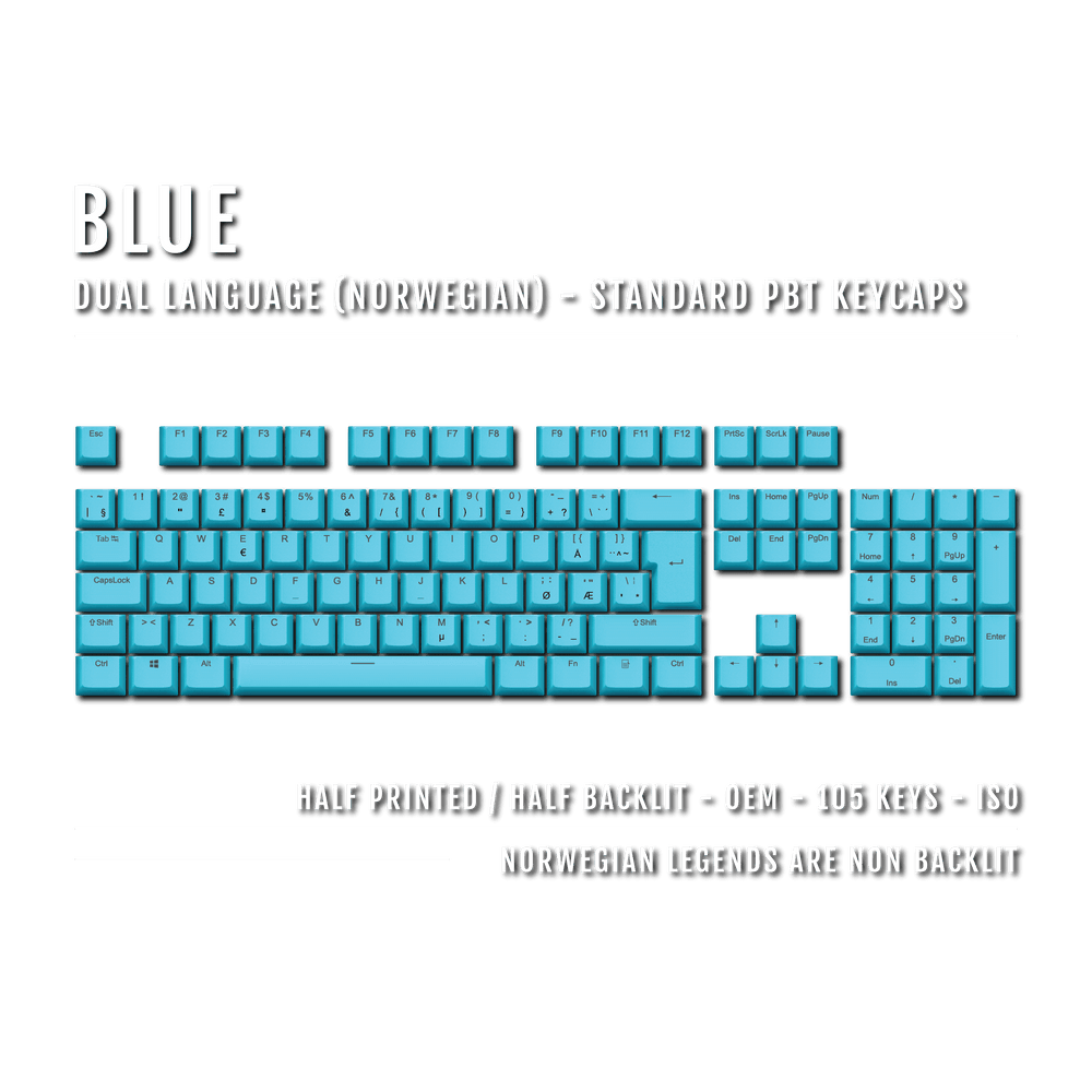Blue PBT Norwegian Keycaps - ISO-NO - 100% Size - Dual Language Keycaps - kromekeycaps