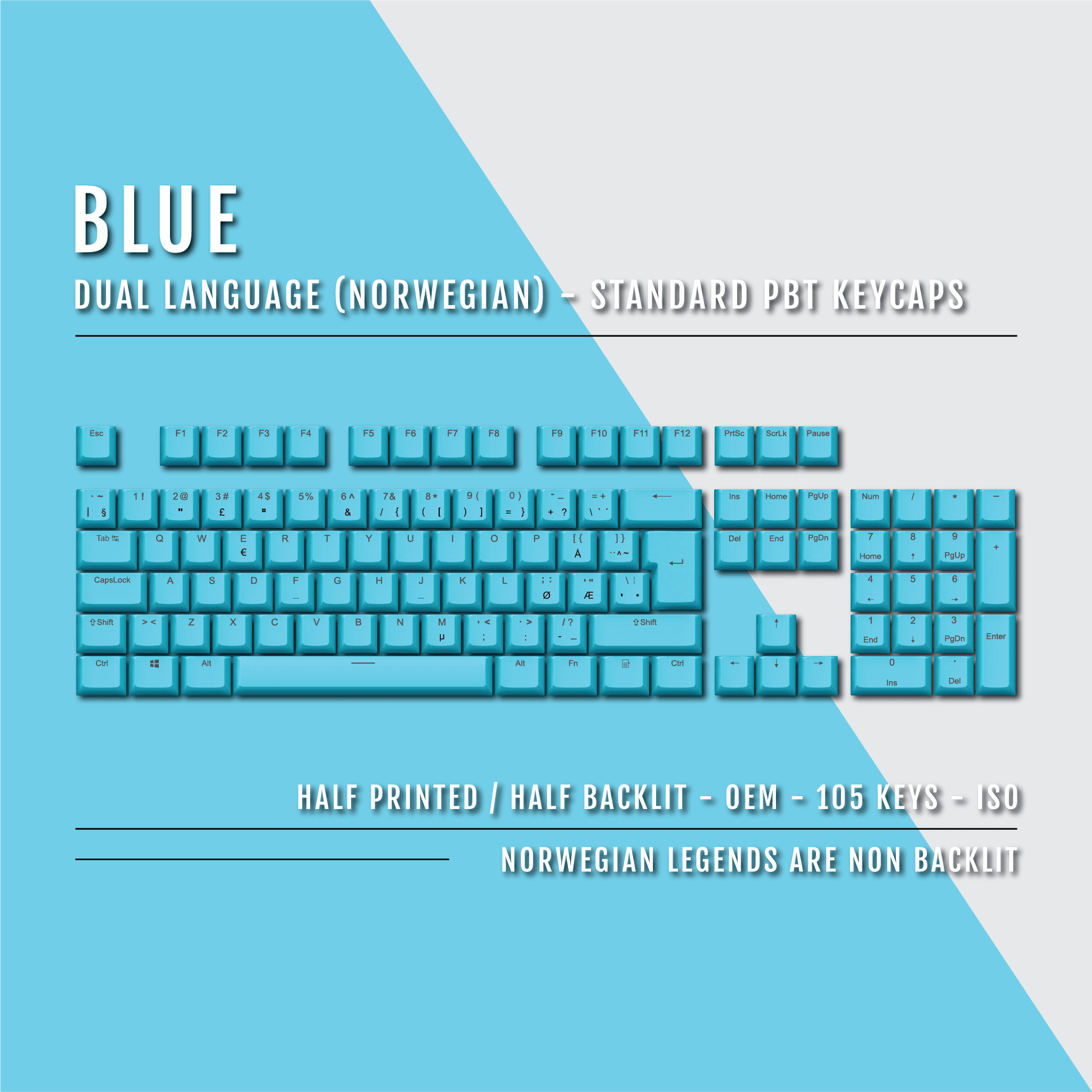 Blue Norwegian (ISO-NO) Dual Language PBT Keycaps – Krome Keycaps LTD